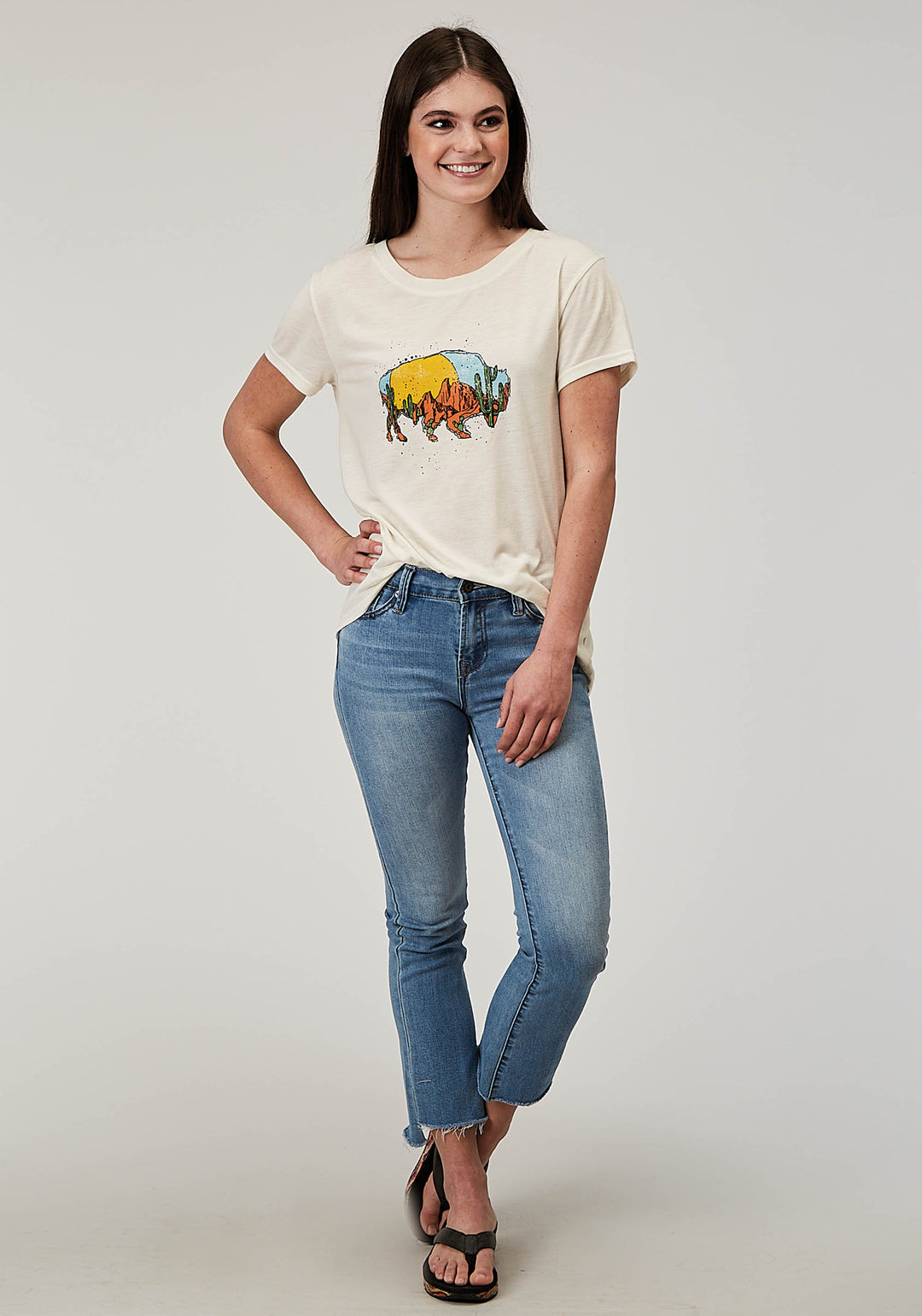 WOMENS SHORT SLEEVE CREAM POLY RAYON TEE WITH SCREEN PRINT DECORATION