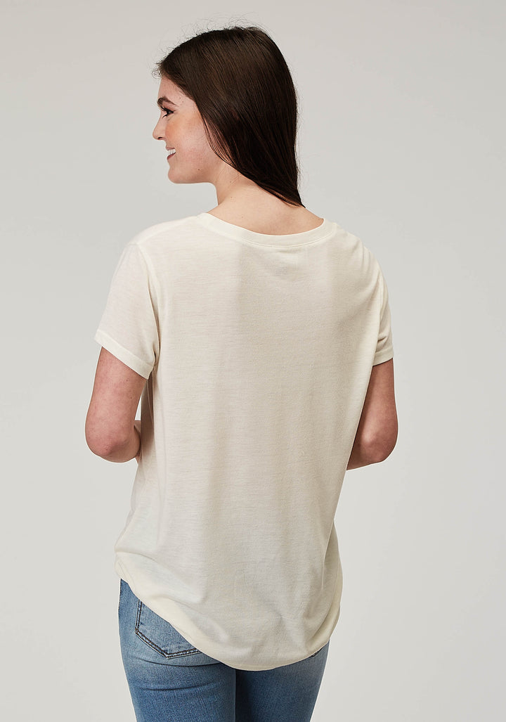 WOMENS SHORT SLEEVE CREAM POLY RAYON TEE WITH SCREEN PRINT DECORATION