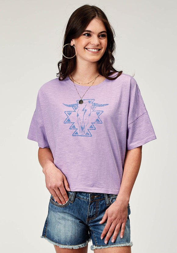 WOMENS SHORT SLEEVE LILAC COTTON JERSEY SLUB TEE WITH OVERSIZED CROPPED SCREEN PRINT DECORATION