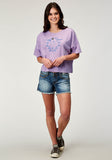 WOMENS SHORT SLEEVE LILAC COTTON JERSEY SLUB TEE WITH OVERSIZED CROPPED SCREEN PRINT DECORATION