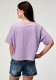 WOMENS SHORT SLEEVE LILAC COTTON JERSEY SLUB TEE WITH OVERSIZED CROPPED SCREEN PRINT DECORATION