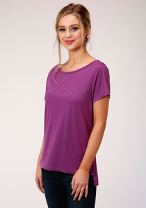 WOMENS PURPLE WITH COPPER STUD EMBELLISHMENT SHORT SLEEVE KNIT TOP