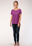 WOMENS PURPLE WITH COPPER STUD EMBELLISHMENT SHORT SLEEVE KNIT TOP
