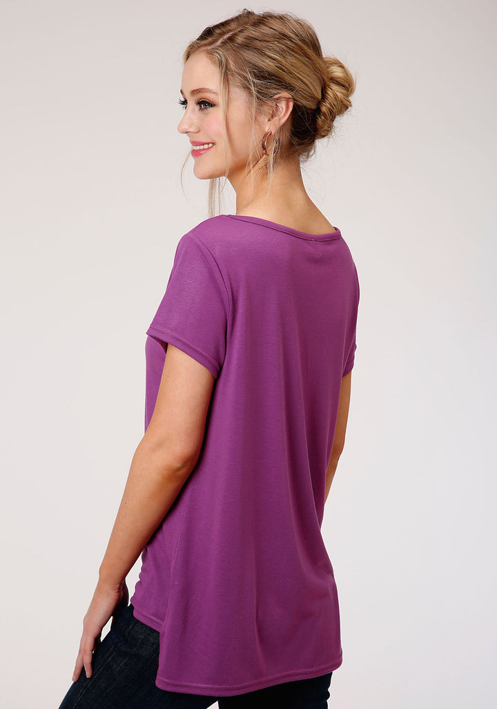WOMENS PURPLE WITH COPPER STUD EMBELLISHMENT SHORT SLEEVE KNIT TOP