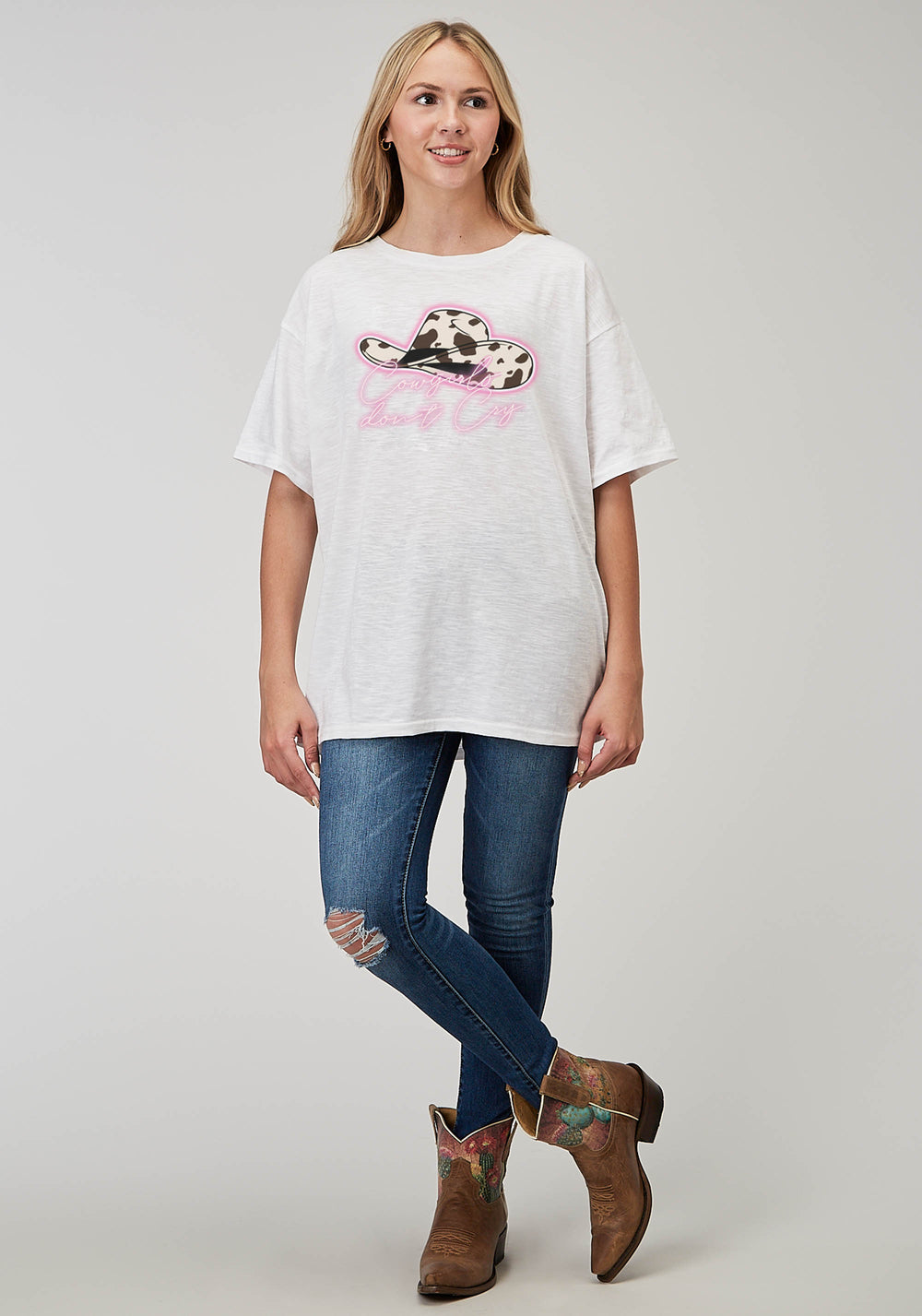 WOMENS SHORT SLEEVE WHITE COTTON SLUB JERSEY TEE WITH OVERSIZED SCREEN PRINT DECORATION