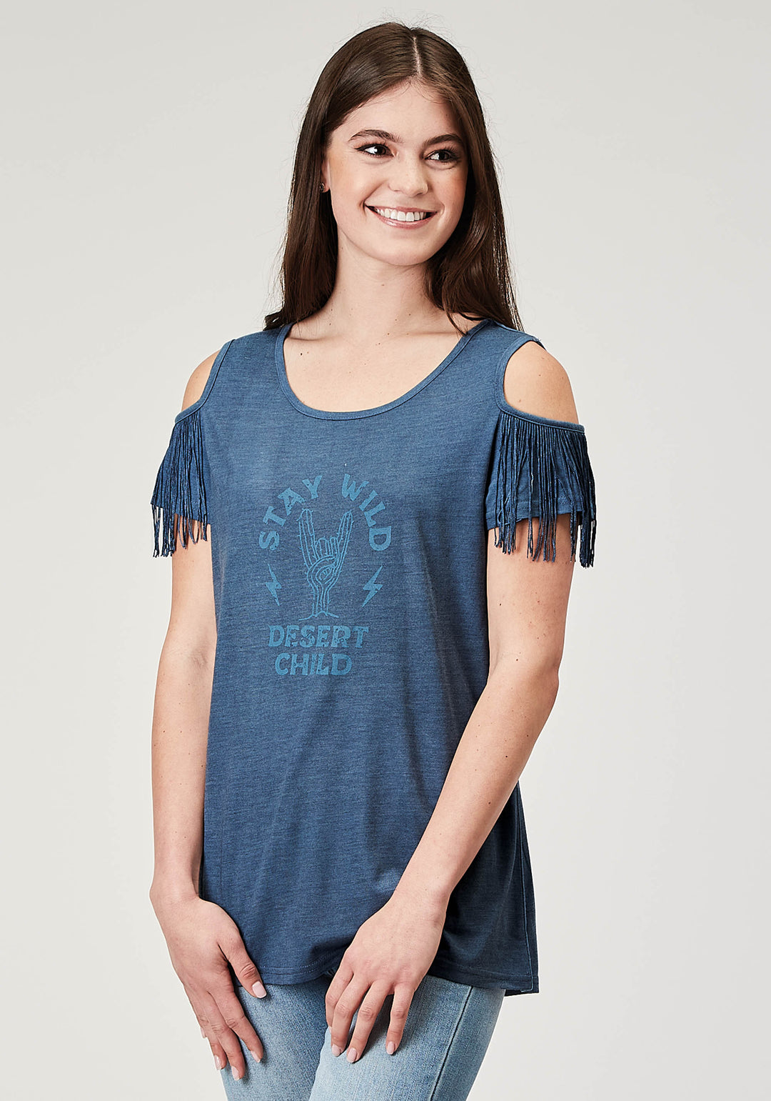 WOMENS SHORT SLEEVE NAVY BLUE POLY RAYON TEE WITH COLD SHOULDER AND POLY FRINGE SCREEN PRINT