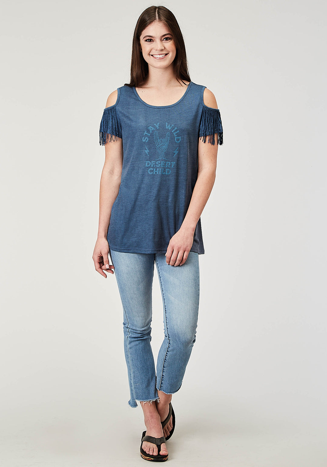 WOMENS SHORT SLEEVE NAVY BLUE POLY RAYON TEE WITH COLD SHOULDER AND POLY FRINGE SCREEN PRINT