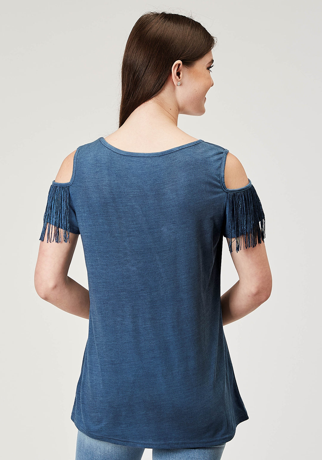WOMENS SHORT SLEEVE NAVY BLUE POLY RAYON TEE WITH COLD SHOULDER AND POLY FRINGE SCREEN PRINT