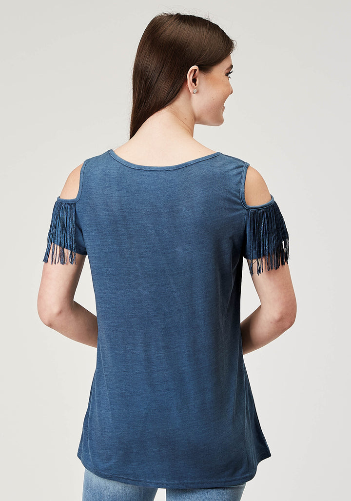 WOMENS SHORT SLEEVE NAVY BLUE POLY RAYON TEE WITH COLD SHOULDER AND POLY FRINGE SCREEN PRINT