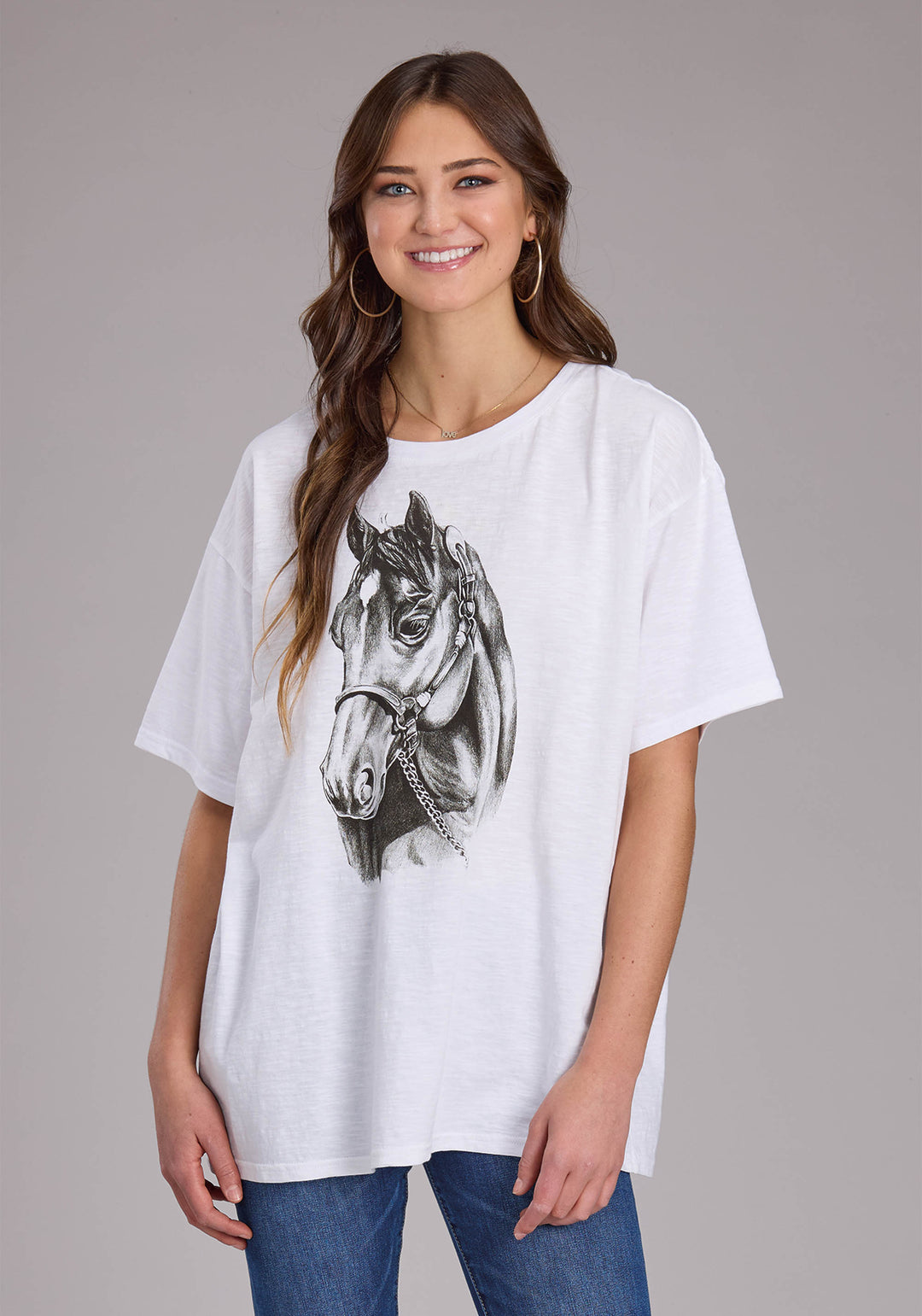 WOMENS WHITE COTTON SLUB JERSEY SHORT SLEEVE PULLOVER WESTERN SHIRT