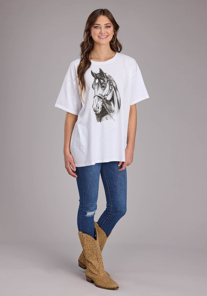 WOMENS WHITE COTTON SLUB JERSEY SHORT SLEEVE PULLOVER WESTERN SHIRT