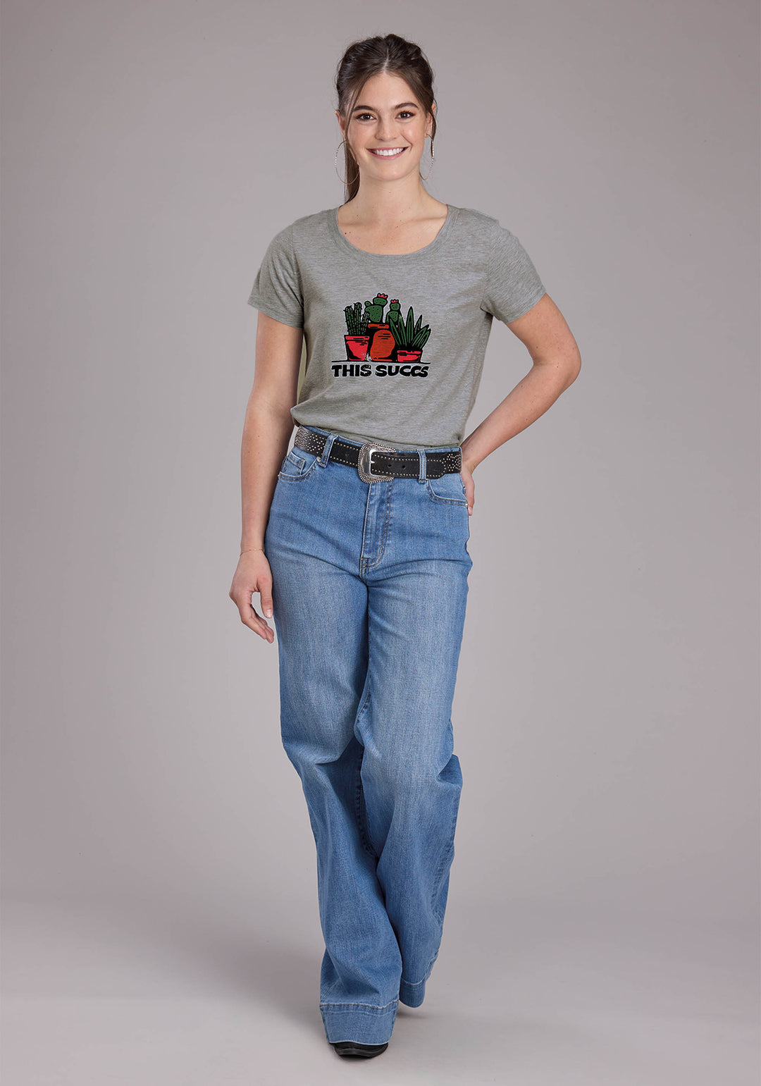 WOMENS HEATHER GRAY SS TEE SHORT SLEEVE PULLOVER WESTERN SHIRT
