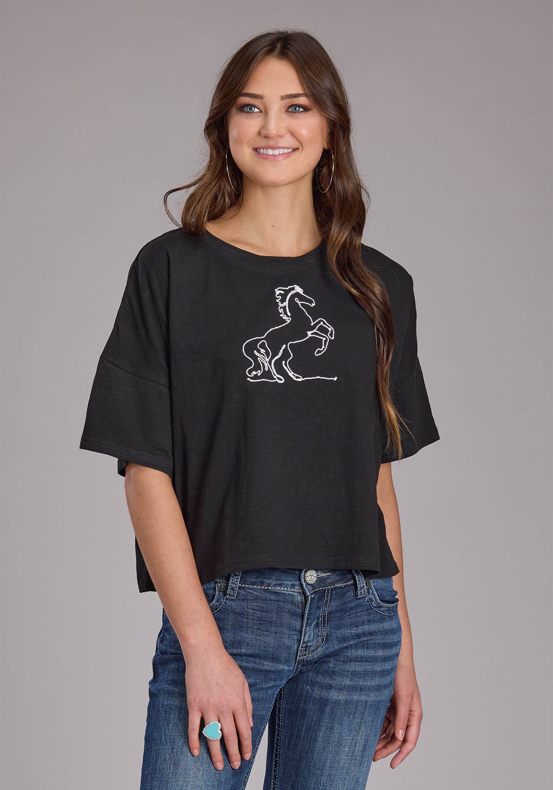 WOMENS COTTON SLUB JERSEY CROPPED TEE SHORT SLEEVE PULLOVER WESTERN SHIRT