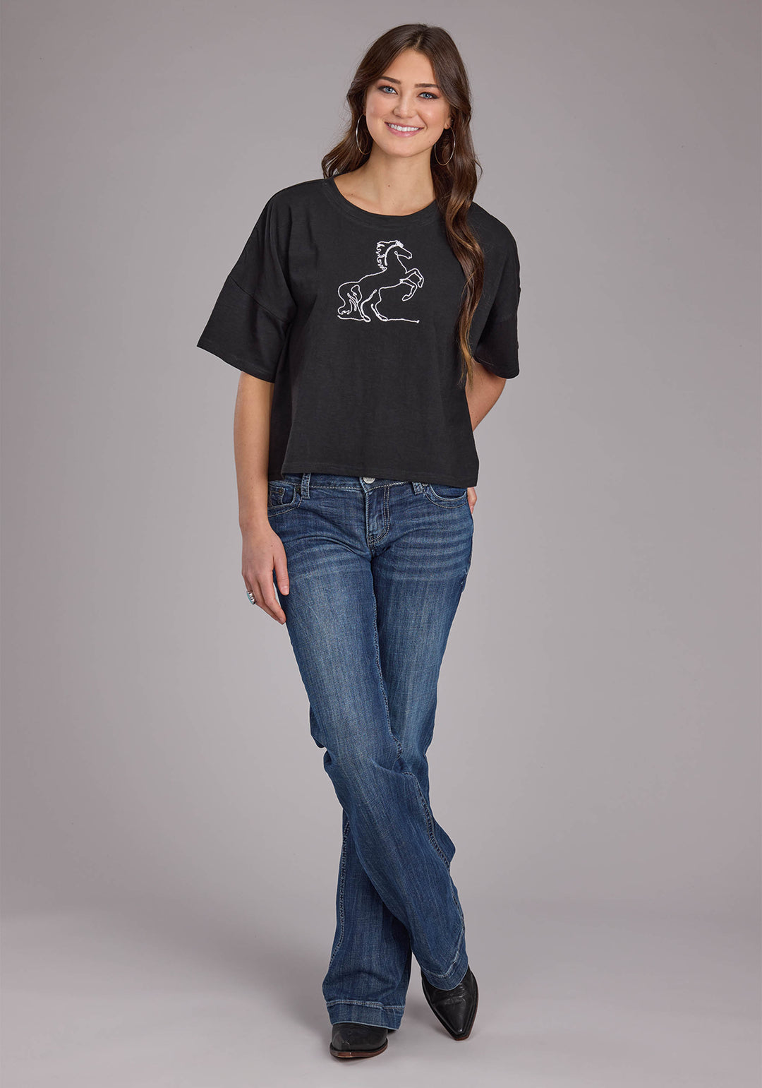 WOMENS COTTON SLUB JERSEY CROPPED TEE SHORT SLEEVE PULLOVER WESTERN SHIRT