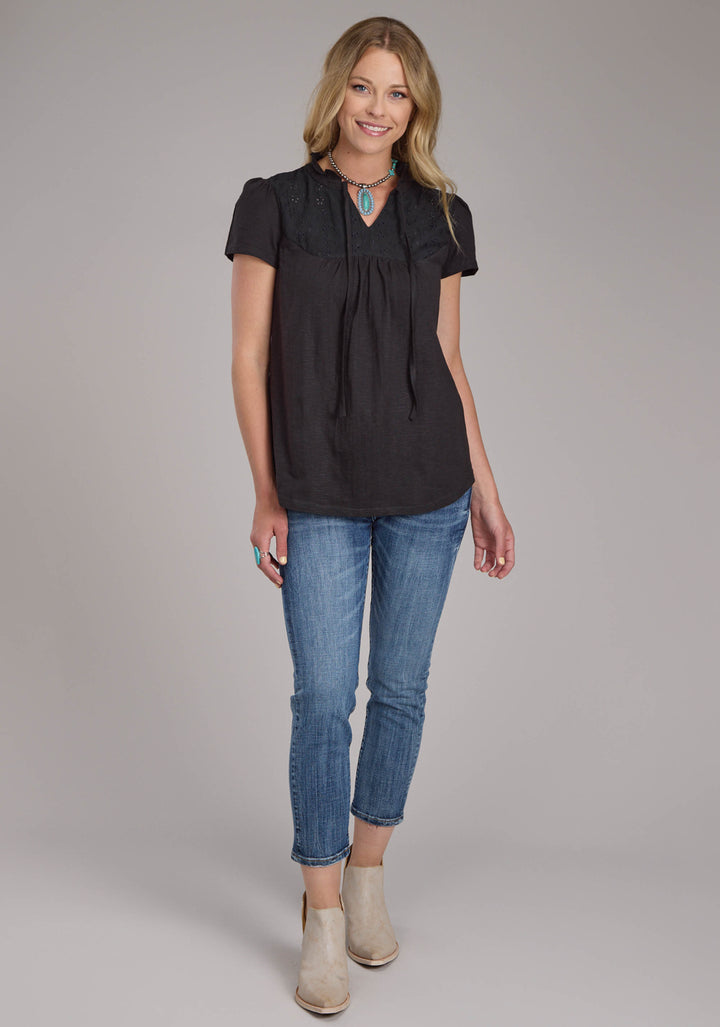 WOMENS COTTON SLUB JERSEY SS PEASANT TOP SHORT SLEEVE PULLOVER WESTERN SHIRT