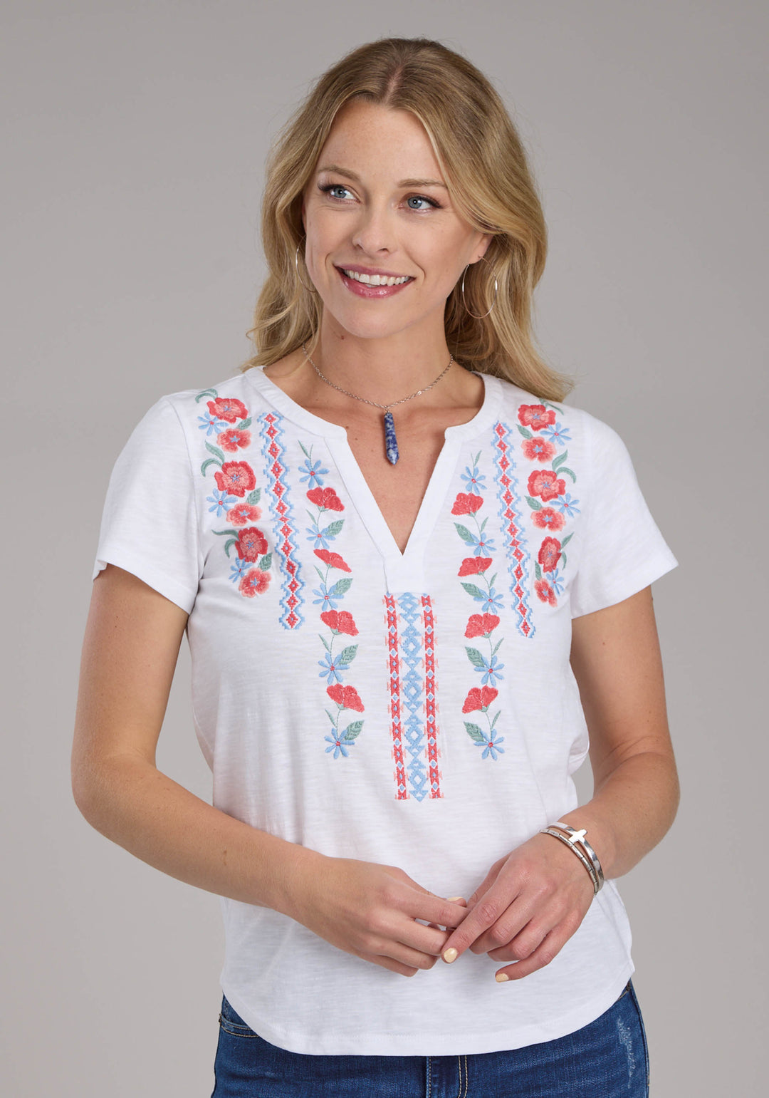 WOMENS WHITE COTTON SLUB JERSEY TEE SHORT SLEEVE PULLOVER WESTERN SHIRT