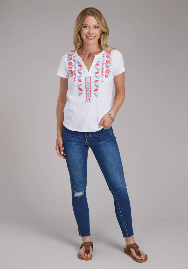 WOMENS WHITE COTTON SLUB JERSEY TEE SHORT SLEEVE PULLOVER WESTERN SHIRT