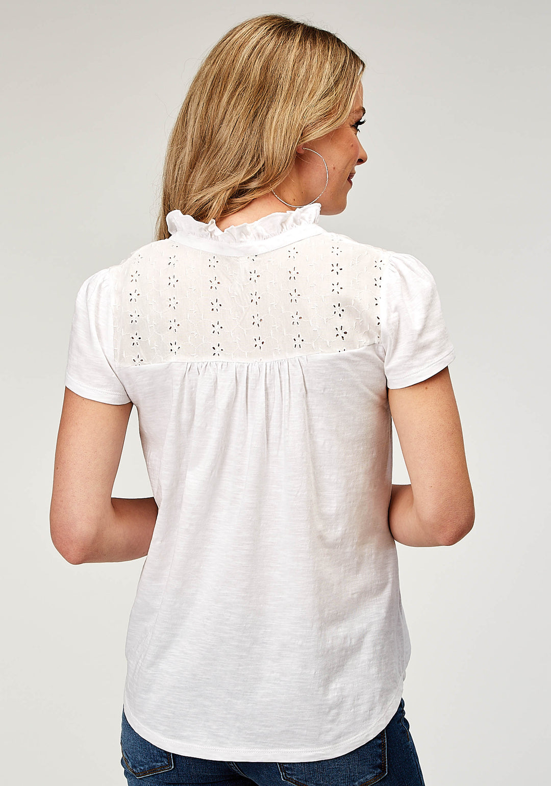 WOMENS SHORT SLEEVE COTTON SLUB JERSEY PEASANT TOP WITH TIE CLOSURE KEY HOLE SCHIFFLI EMBROIDERY YOKES