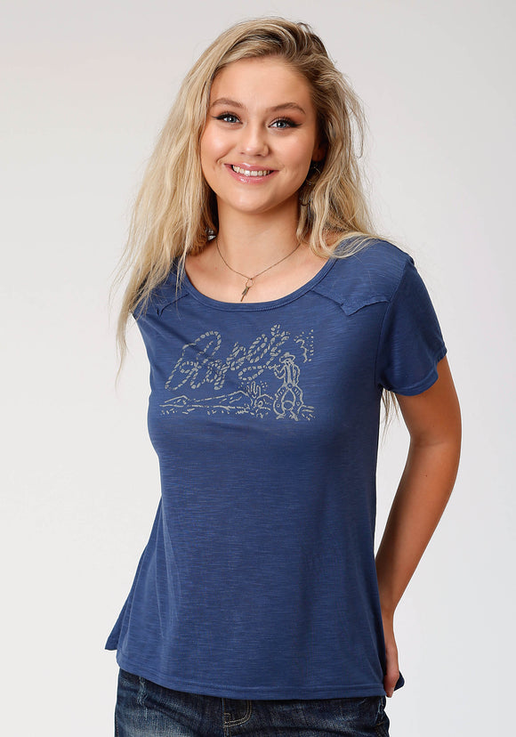 WOMENS BLUE WITH SCREEN PRINT SHORT SLEEVE KNIT TOP