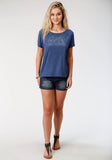 WOMENS BLUE WITH SCREEN PRINT SHORT SLEEVE KNIT TOP