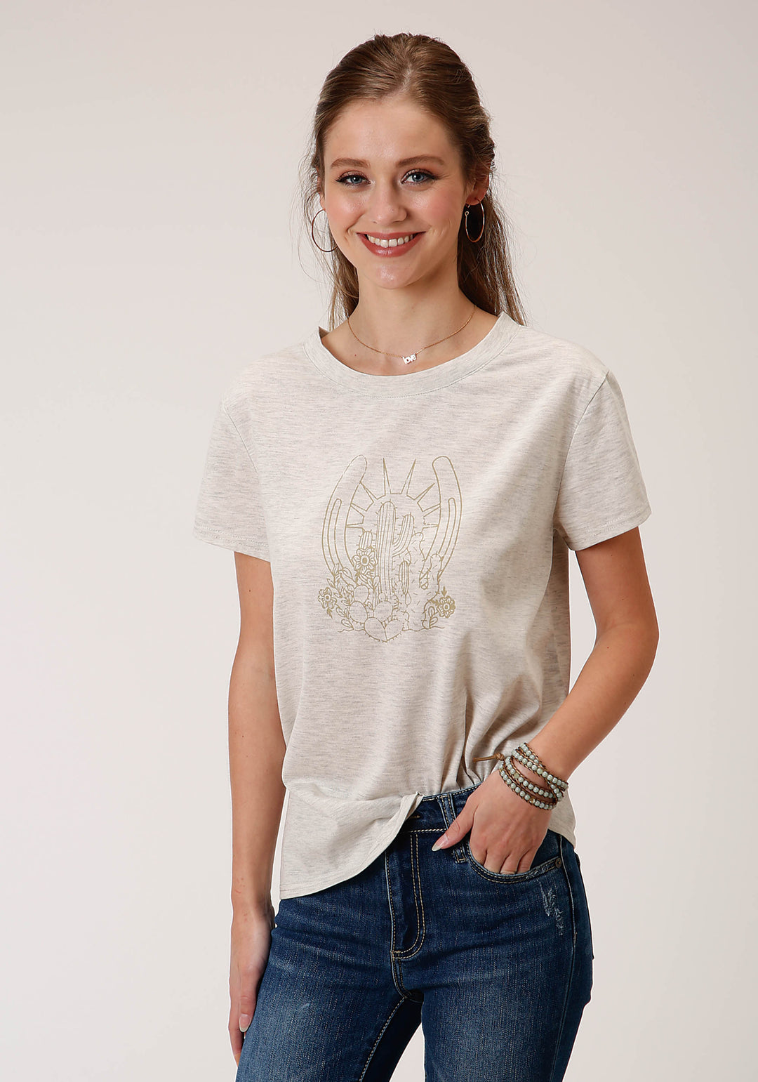 WOMENS HEATHER OATMEAL SHORT SLEEVE KNIT TOP