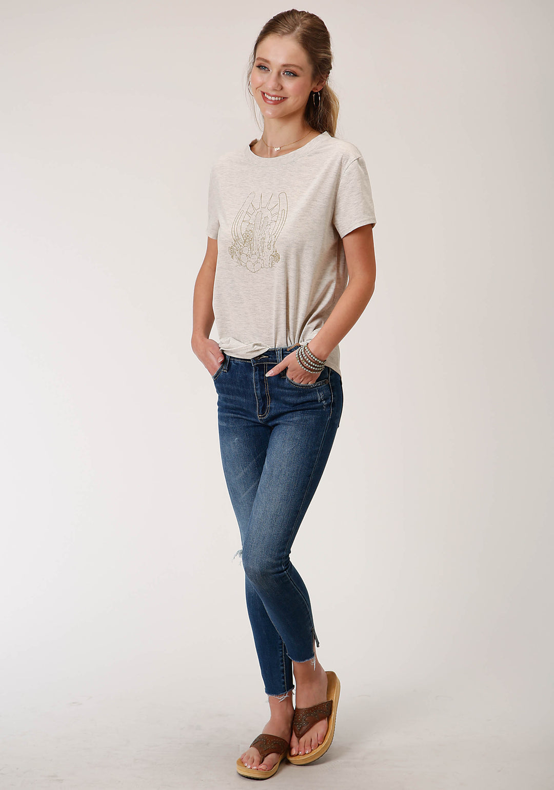 WOMENS HEATHER OATMEAL SHORT SLEEVE KNIT TOP