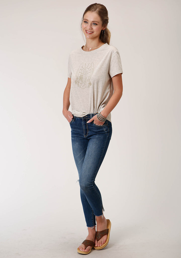 WOMENS HEATHER OATMEAL SHORT SLEEVE KNIT TOP