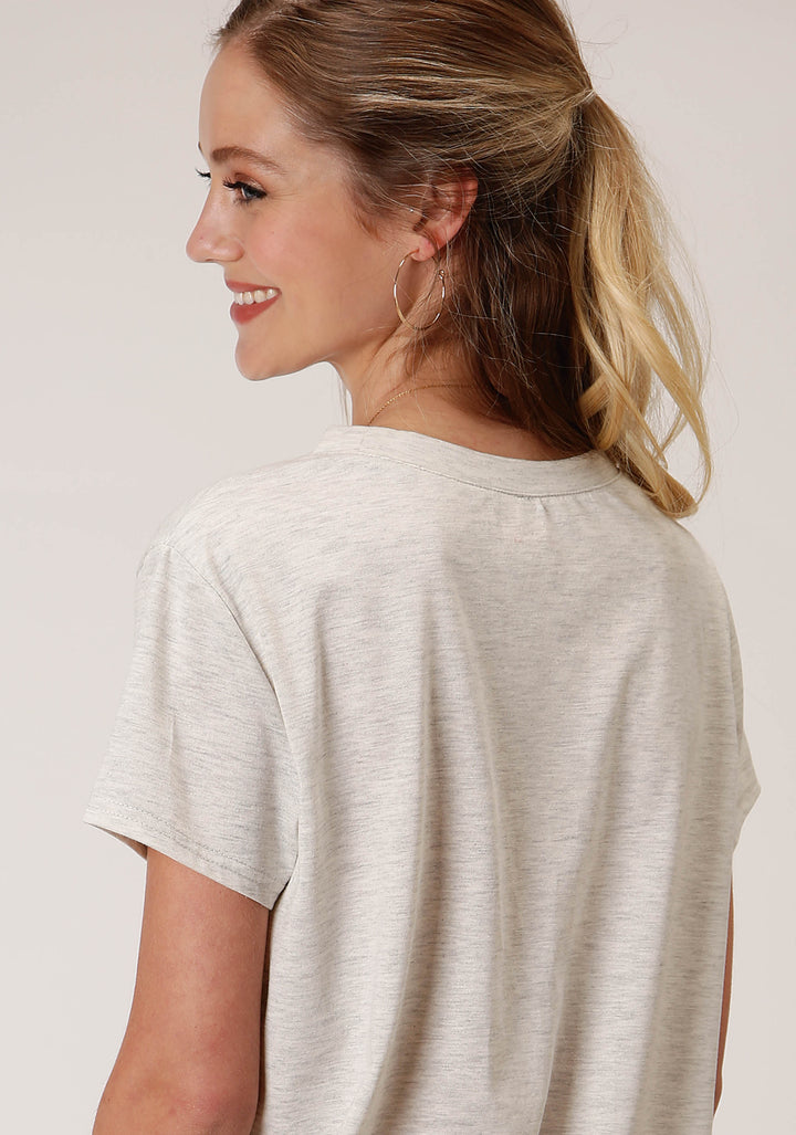 WOMENS HEATHER OATMEAL SHORT SLEEVE KNIT TOP