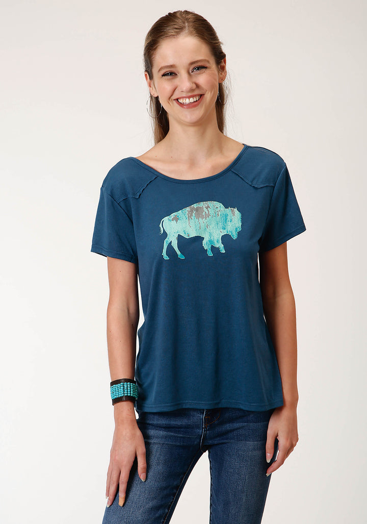 WOMENS NAVY BLUE POLY RAYON SWING SHORT SLEEVE KNIT TOP