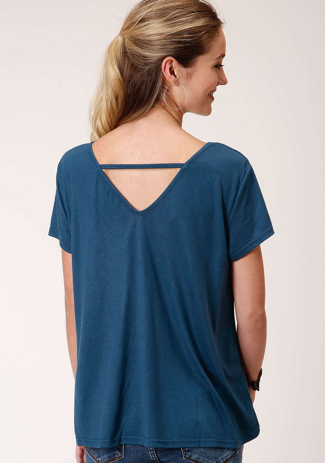 WOMENS NAVY BLUE POLY RAYON SWING SHORT SLEEVE KNIT TOP
