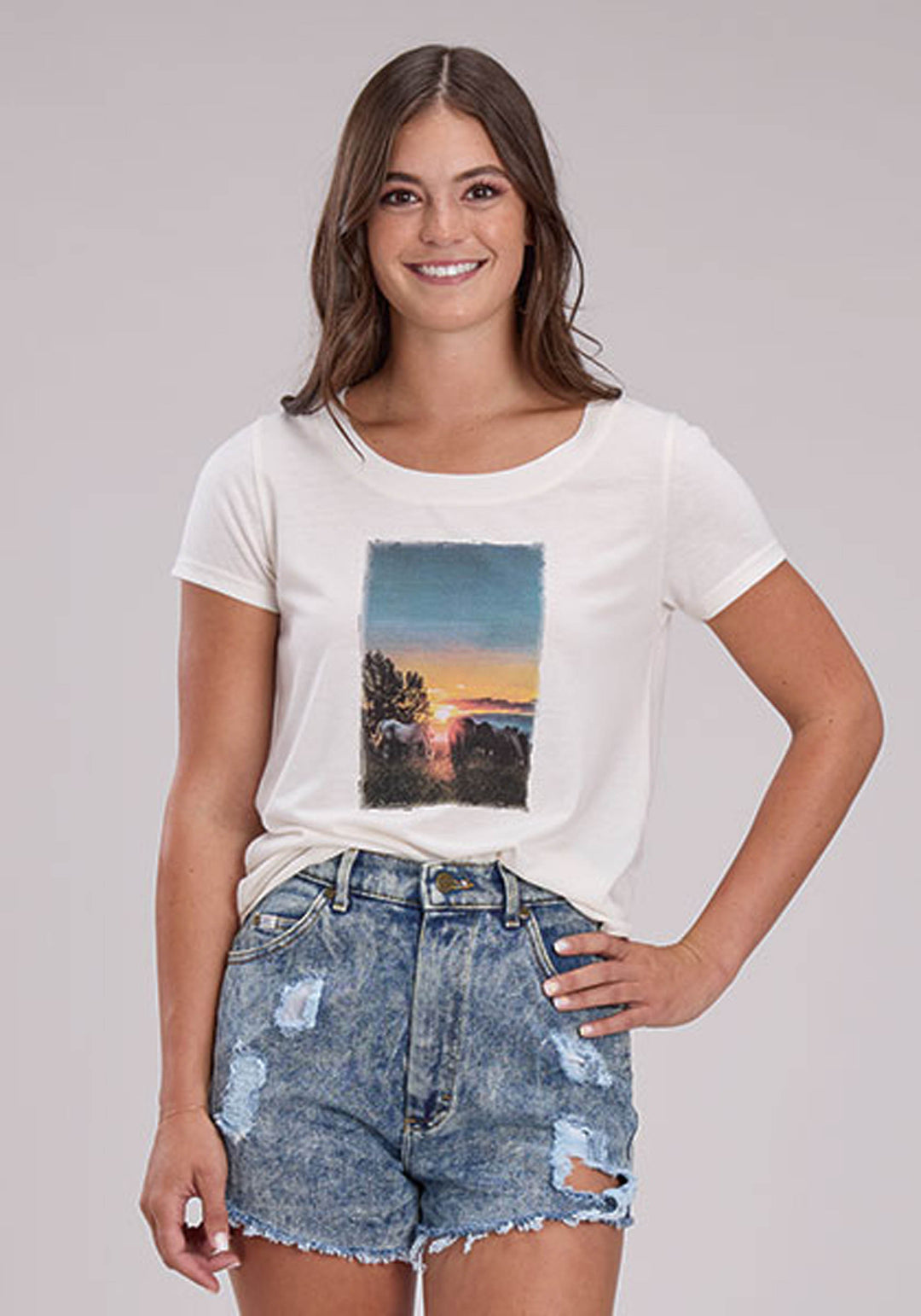 WOMENS JERSEY KNIT CREW NECK TEE SHORT SLEEVE PULLOVER WESTERN SHIRT