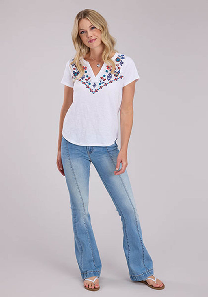 WOMENS SHORT SLEEVE PULLOVER SLUB KNIT JERSEY TOP WESTERN SHIRT