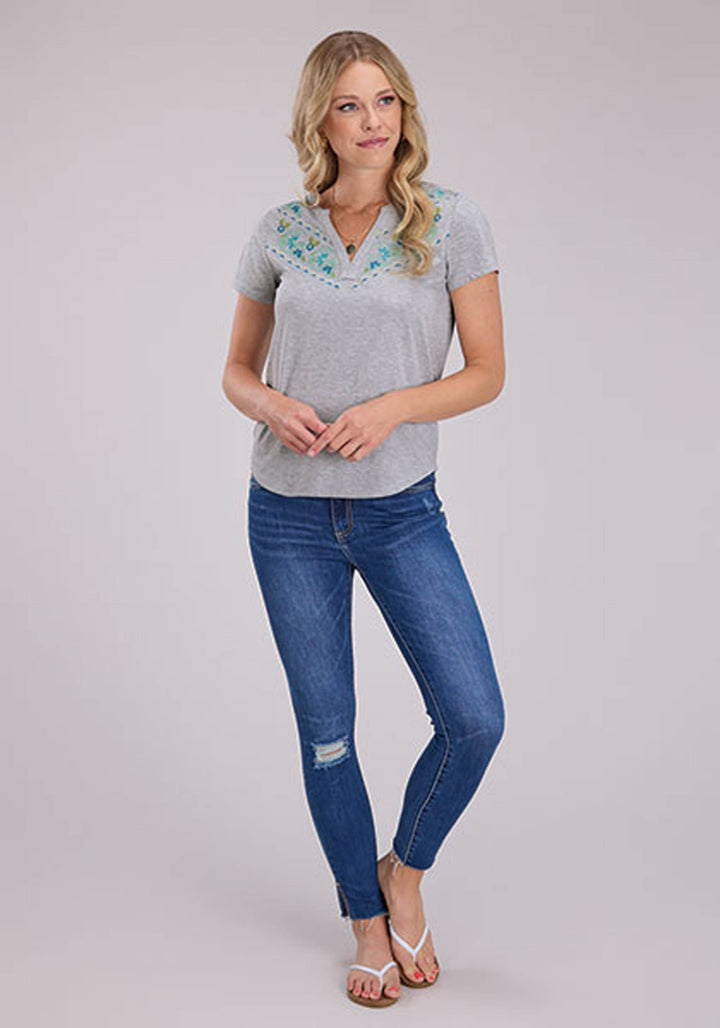 WOMENS SHORT SLEEVE PULLOVER HEATHER GRAY POLY JERSEY KNIT TOP WESTERN SHIRT