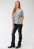 WOMENS GREY SOLID WITH SCREEN PRINT SWEATER SHORT SLEEVE KNIT TOP