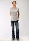 WOMENS GREY SOLID WITH CACTUS SCREEN PRINT SHORT SLEEVE KNIT TOP
