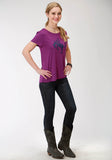 WOMENS PURPLE WITH BRONC RIDER SCREEN PRINT SHORT SLEEVE KNIT TOP