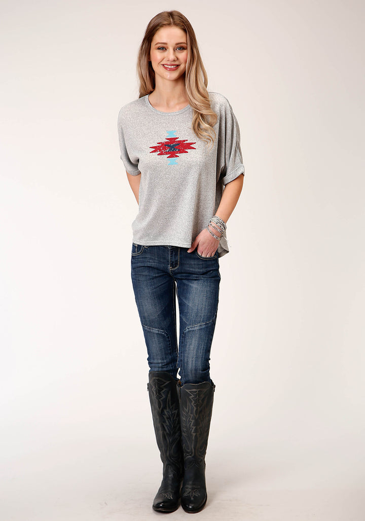WOMENS SHORT SLEEVE KNIT HEATHER GREY SWEATER KNIT TOP TOP