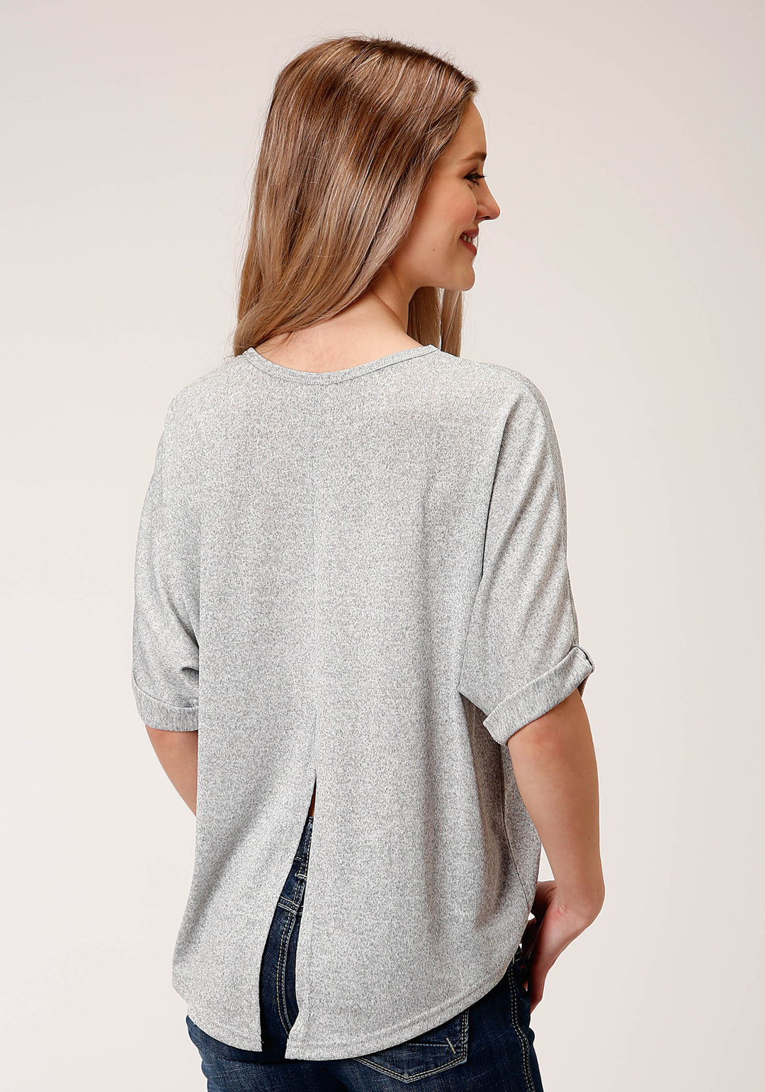 WOMENS SHORT SLEEVE KNIT HEATHER GREY SWEATER KNIT TOP TOP