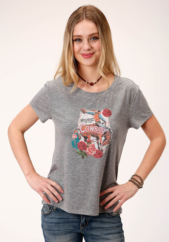 WOMENS GRAY WITH BRONC RIDER SCREEN PRINT SHORT SLEEVE KNIT TOP