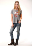 WOMENS GRAY WITH BRONC RIDER SCREEN PRINT SHORT SLEEVE KNIT TOP