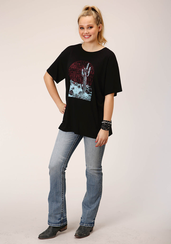 WOMENS SHORT SLEEVE KNIT SOLID BLACK POLY RAYON SHORT SLEEVE  TEE TOP