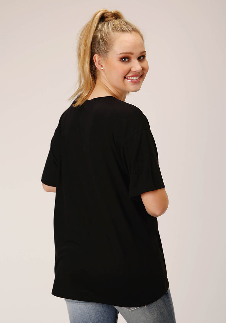 WOMENS SHORT SLEEVE KNIT SOLID BLACK POLY RAYON SHORT SLEEVE  TEE TOP