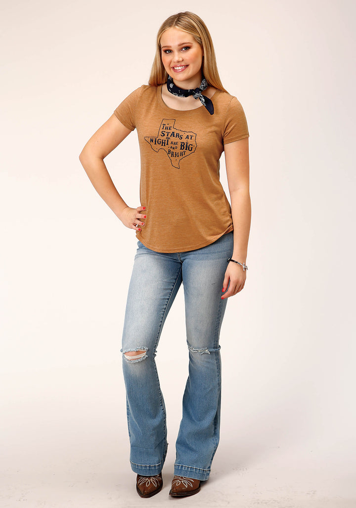 WOMENS SHORT SLEEVE KNIT TABACCO BROWN POLY RAYON JERSEY TOP TOP