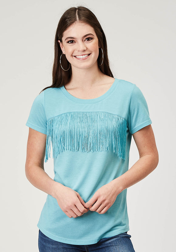 WOMENS SHORT SLEEVE LIGHT BLUE POLY RAYON TEE WITH FRONT YOKE AND POLY FRINGE