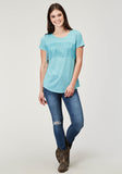 WOMENS SHORT SLEEVE LIGHT BLUE POLY RAYON TEE WITH FRONT YOKE AND POLY FRINGE