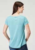 WOMENS SHORT SLEEVE LIGHT BLUE POLY RAYON TEE WITH FRONT YOKE AND POLY FRINGE