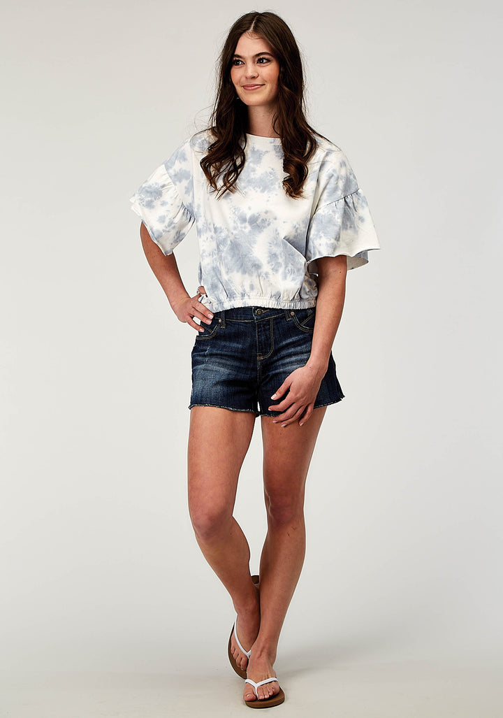 WOMENS SHORT SLEEVE BLUE WHITE TIE DYE FRENCH TERRY TOP WITH CREW NECK SHORT FLUTTER SLEEVES CROPPED