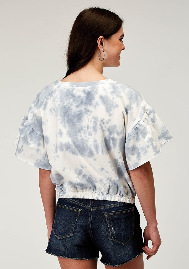 WOMENS SHORT SLEEVE BLUE WHITE TIE DYE FRENCH TERRY TOP WITH CREW NECK SHORT FLUTTER SLEEVES CROPPED
