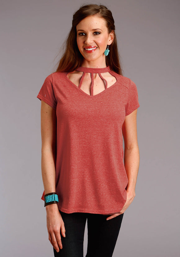 WOMENS RED SOLID SHORT SLEEVE KNIT TOP