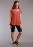 WOMENS RED SOLID SHORT SLEEVE KNIT TOP